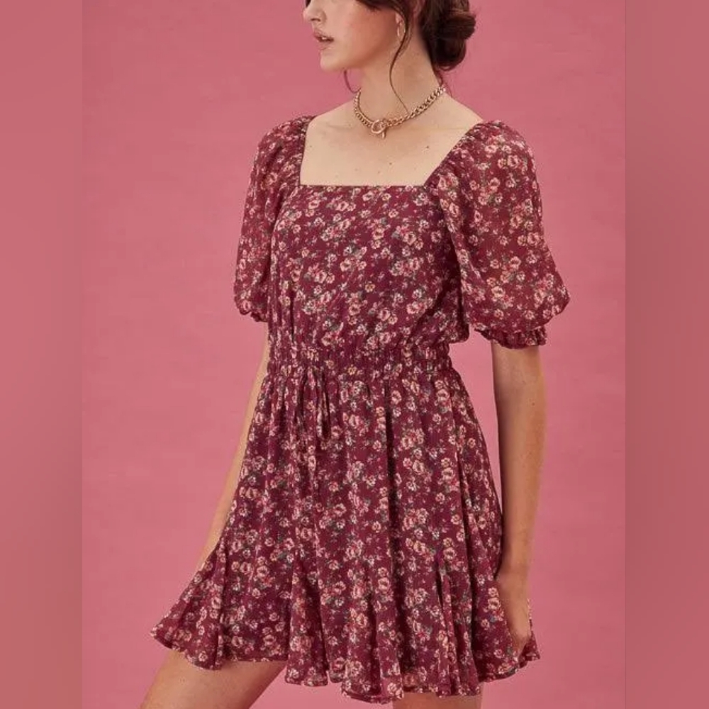 NWT Trixxi Puff Sleeve Mini Fit And Flair Dress, Wine Floral